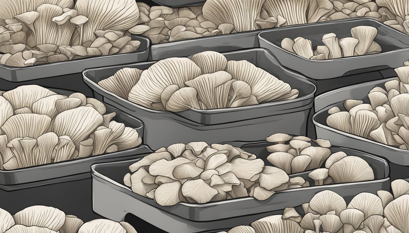 Oyster mushrooms laid out on dehydrator trays, ready for drying