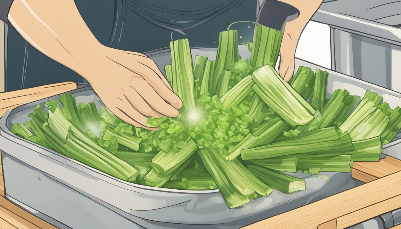 Fresh celery stalks being washed, trimmed, and cut into small pieces. The pieces are then blanched in boiling water before being laid out to dehydrate