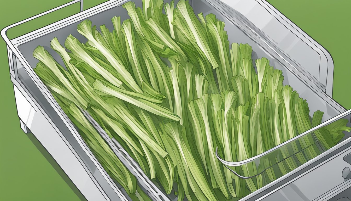 Fresh celery being sliced and arranged on dehydrator trays in a neat and organized manner