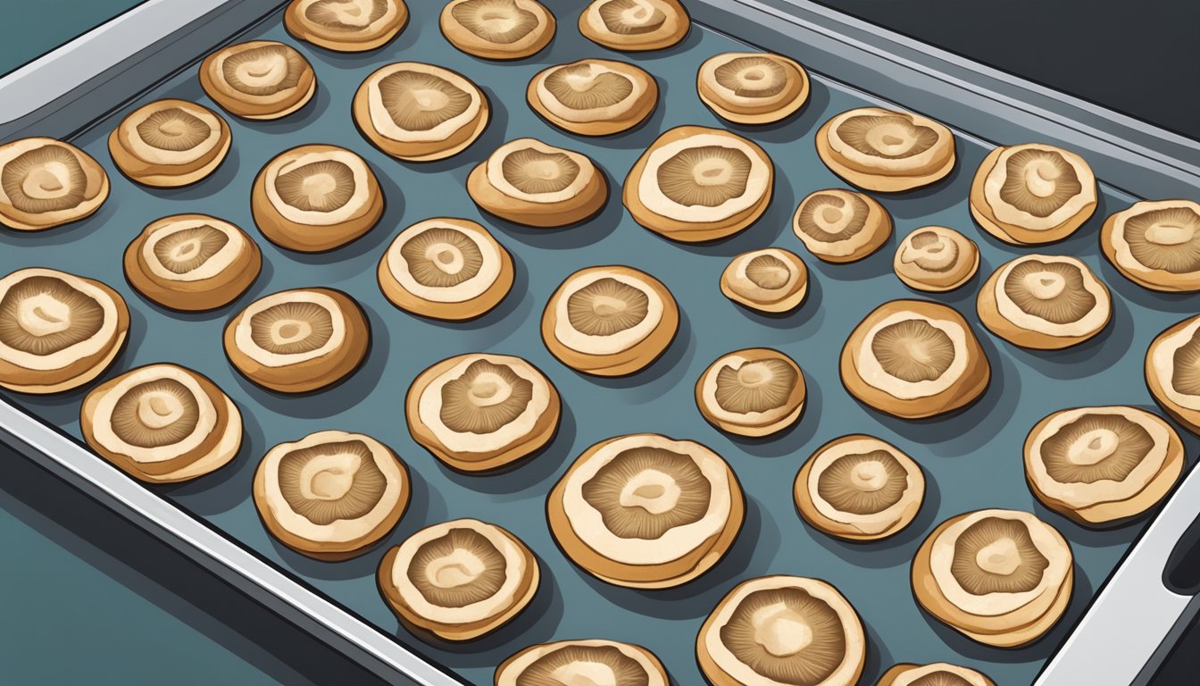 Sliced mushrooms spread out on a baking sheet, placed in the oven with the door slightly ajar