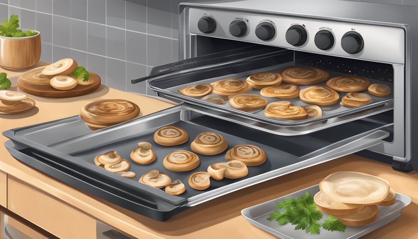 Sliced mushrooms spread on a baking sheet, oven door open, heat emanating, timer set