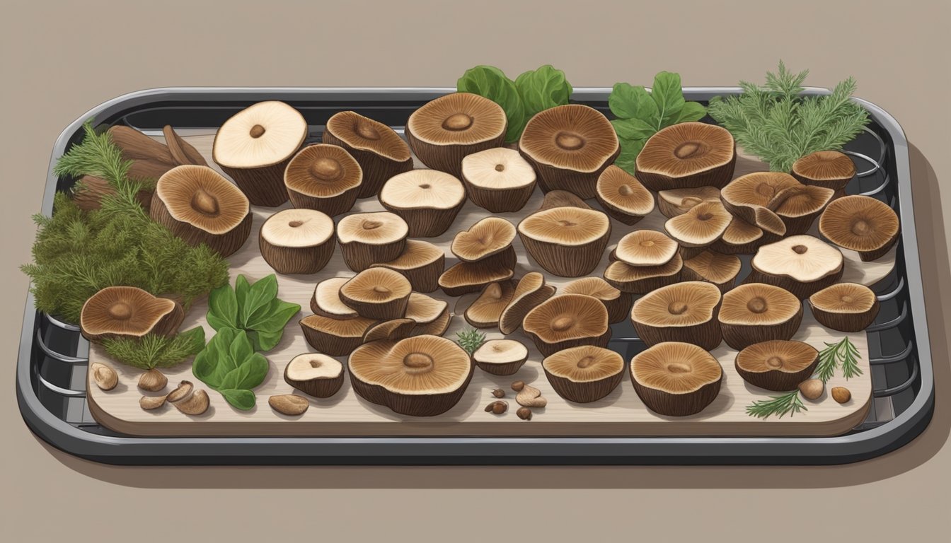 Shiitake mushrooms laid out on a dehydrator tray, surrounded by herbs and spices