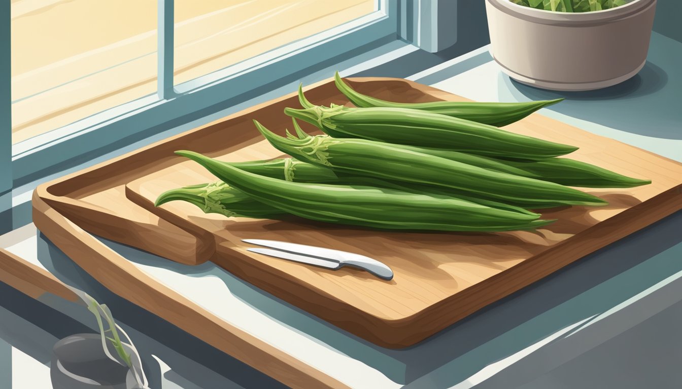 Fresh okra placed on a wire rack in a sunny kitchen, with an open window and a gentle breeze coming through. A bowl of salt and a cutting board with a knife are nearby