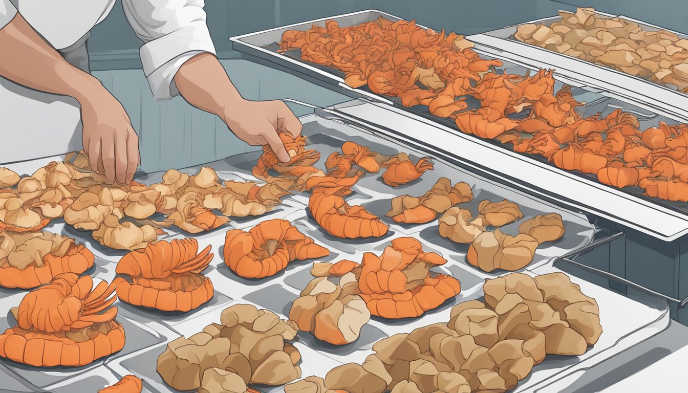 Lobster mushrooms being sliced and placed on dehydrator trays