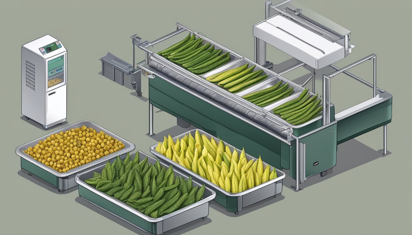 Whole okra arranged on dehydrator trays, with the machine turned on and the okra slowly drying out