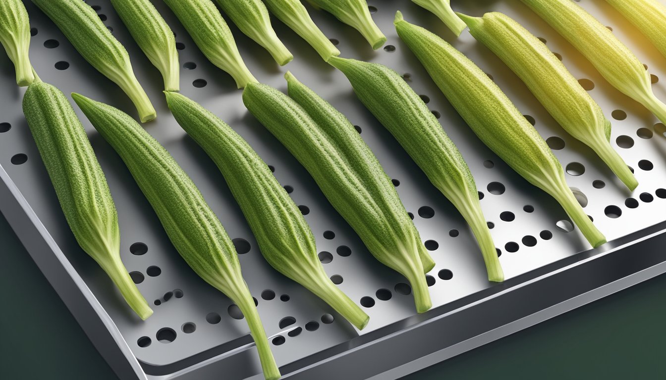 Whole okra arranged on a dehydrator tray, with even spacing between each piece and the machine set to the appropriate temperature and time