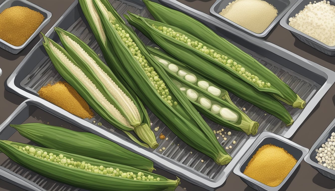 Whole okra pods laid out on a dehydrator tray, surrounded by various seasonings and flavorings such as salt, pepper, and garlic powder