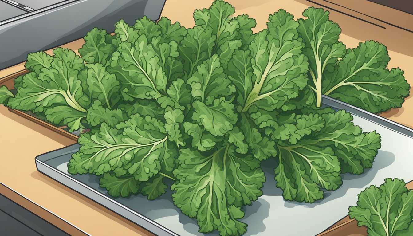 Fresh kale leaves spread out on a baking sheet, ready to be placed in the oven for dehydration