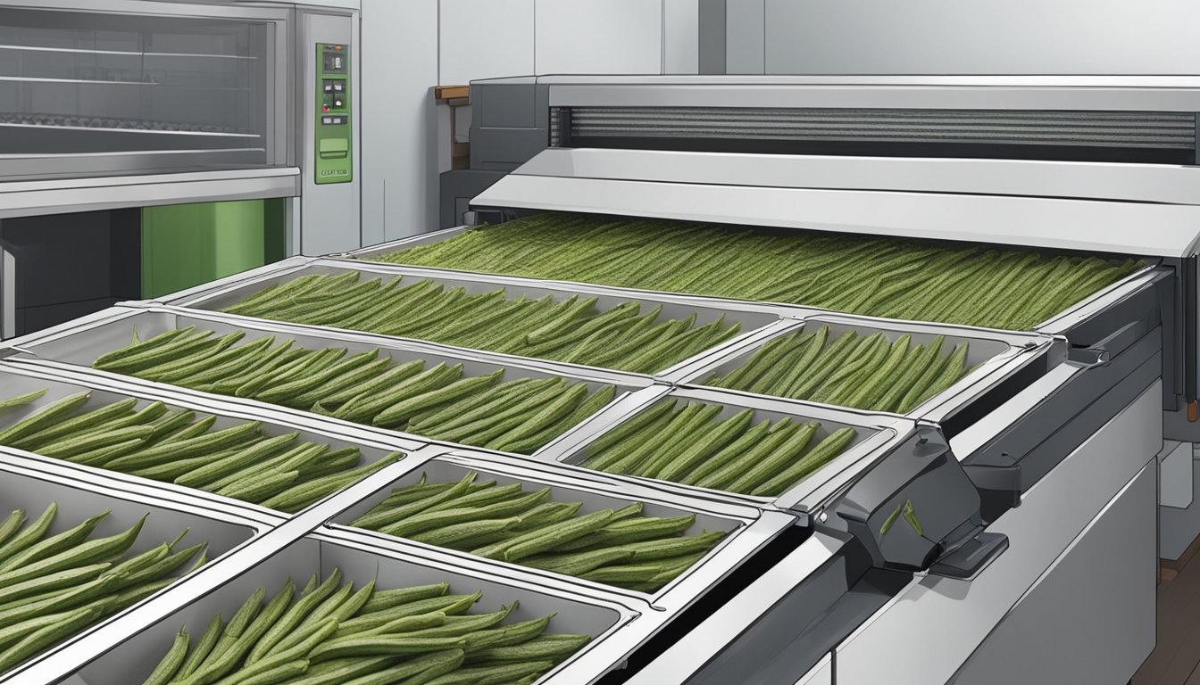 Whole okra laid out on dehydrator trays, with small cuts along the sides to aid in drying. A dehydrator machine is plugged in and running in the background