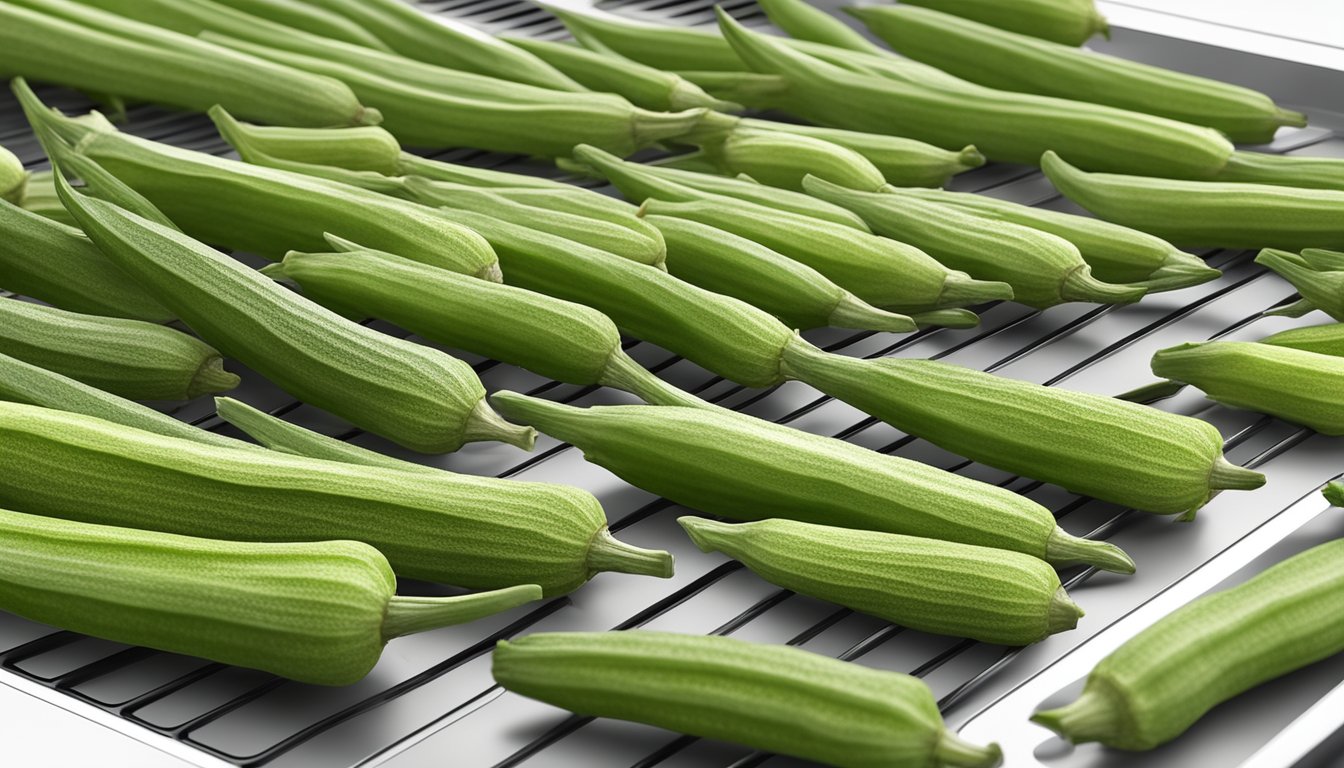 Fresh okra arranged on a dehydrator tray, with stems intact and evenly spaced. Temperature and time settings displayed on the dehydrator control panel