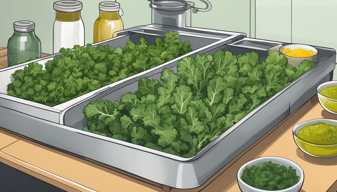 Fresh kale leaves laid out on dehydrator trays, surrounded by bowls of various seasonings and olive oil. A dehydrator machine is set up and ready to begin the process