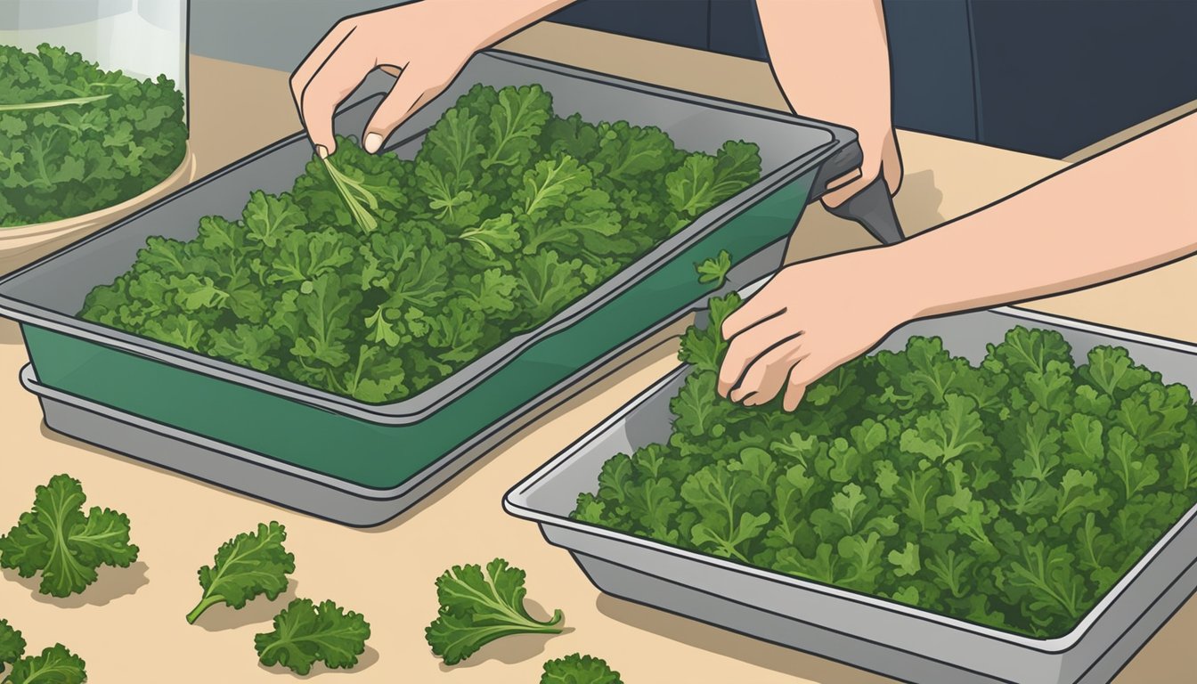 Fresh kale leaves laid out on dehydrator trays, with a person preparing and cutting the kale into small pieces