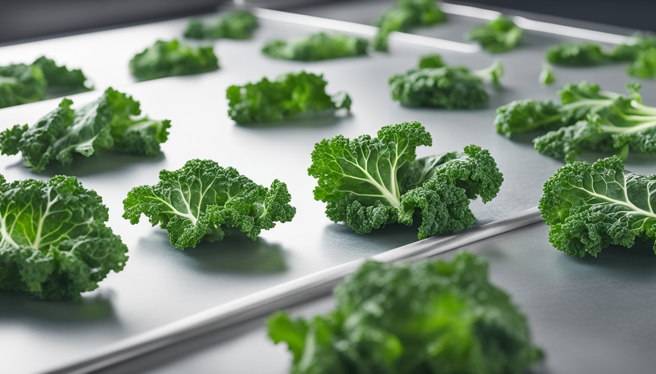 Fresh kale leaves spread out on a baking sheet, placed in a preheated oven. The oven door is closed, and the kale is left to dehydrate