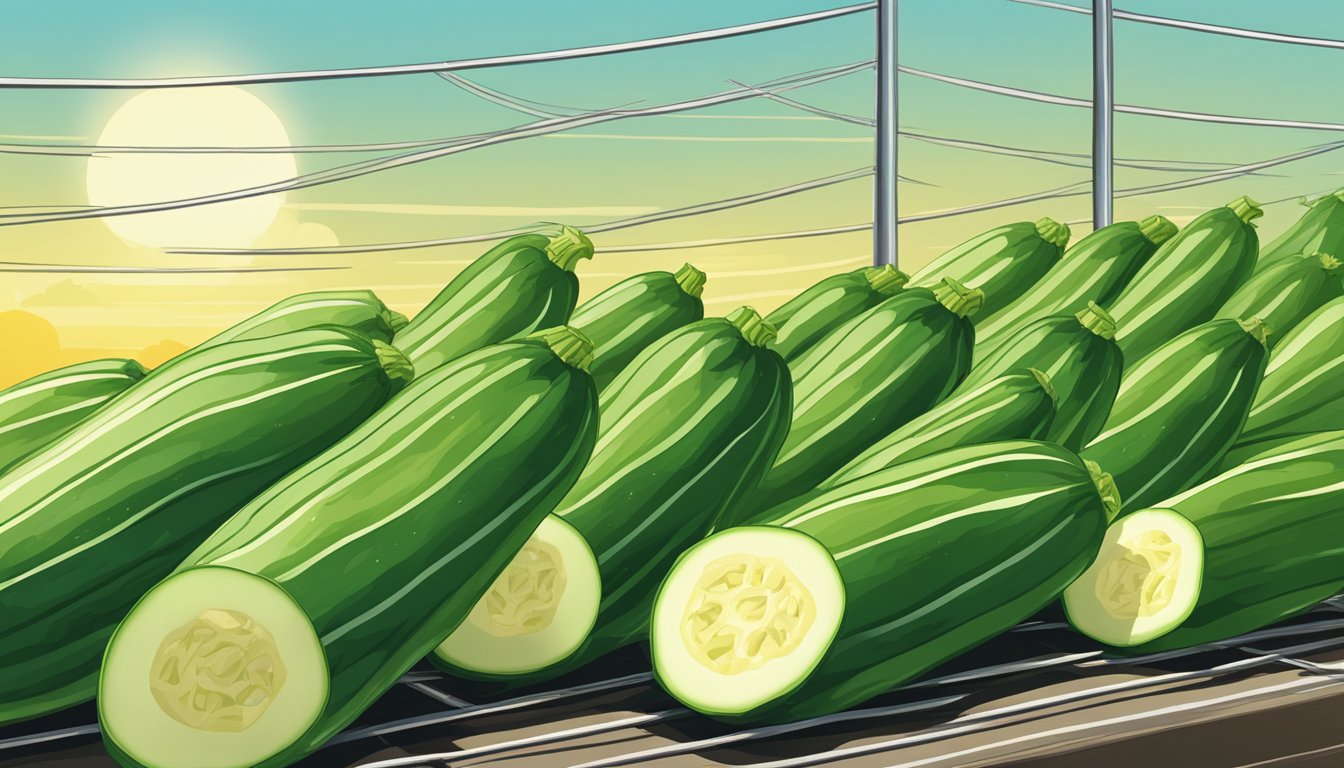 Fresh zucchini slices laid out on a wire rack under the sun, with a light breeze and clear sky in the background