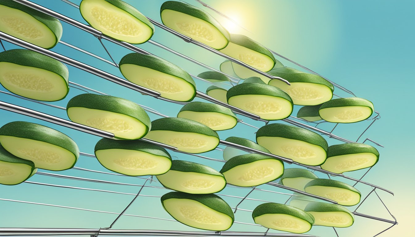 Fresh zucchini slices laid out on a wire rack under the sun, with a gentle breeze blowing and clear blue skies in the background