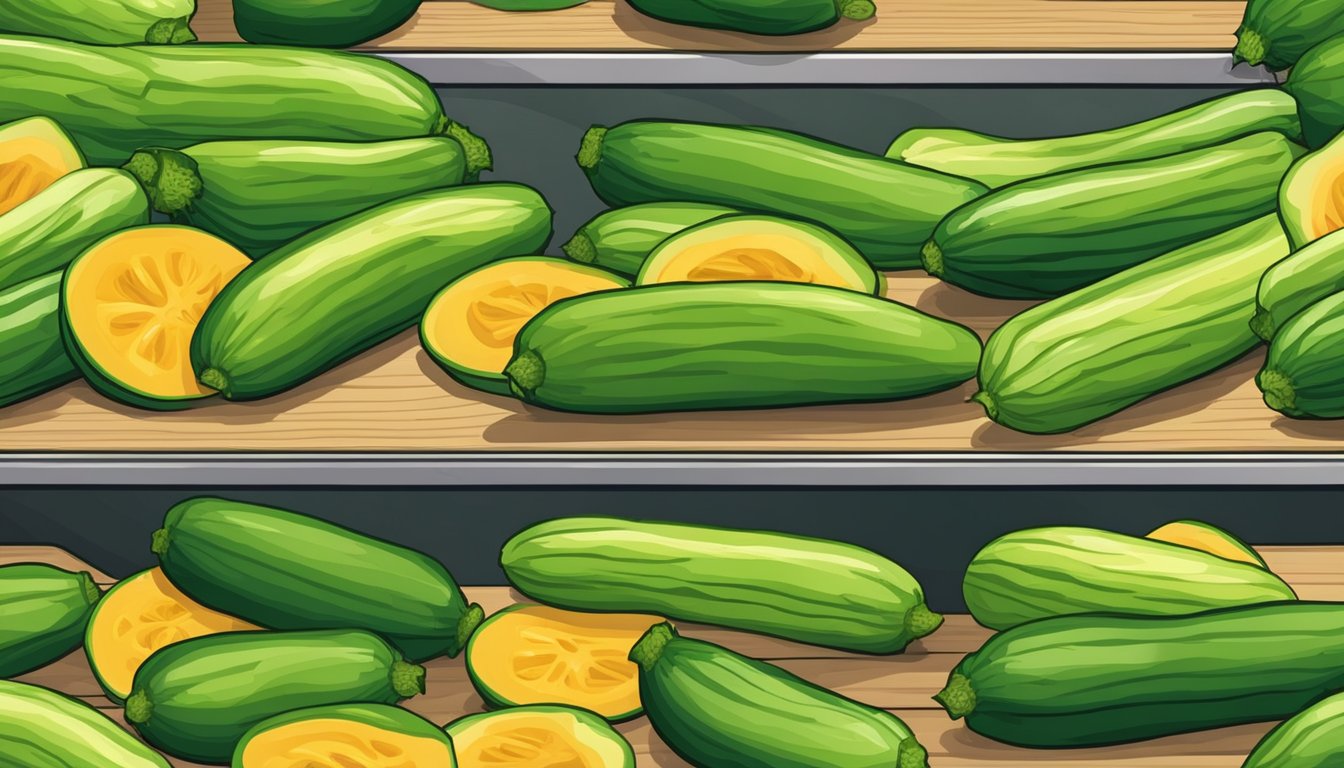 Fresh zucchinis sliced thin and arranged on a wire rack, placed in a warm, well-ventilated area to dehydrate. A bowl of assorted seasoning options nearby