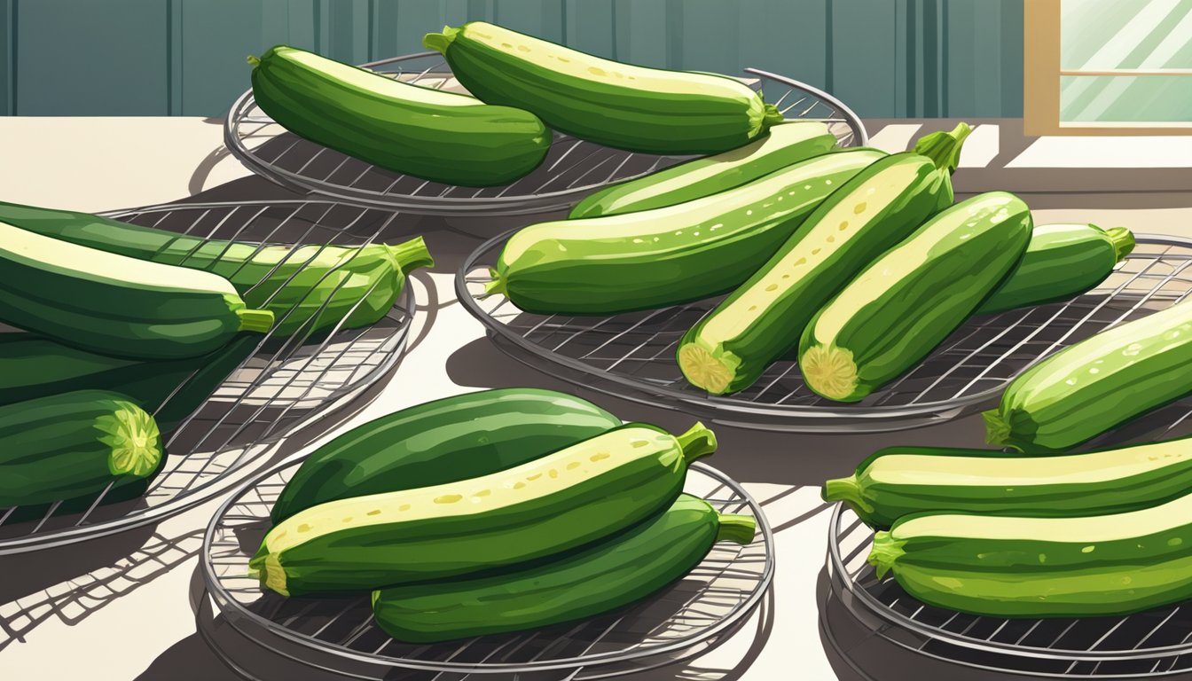 Fresh zucchini slices laid out on a wire rack, placed in a well-ventilated area with sunlight streaming in through a window