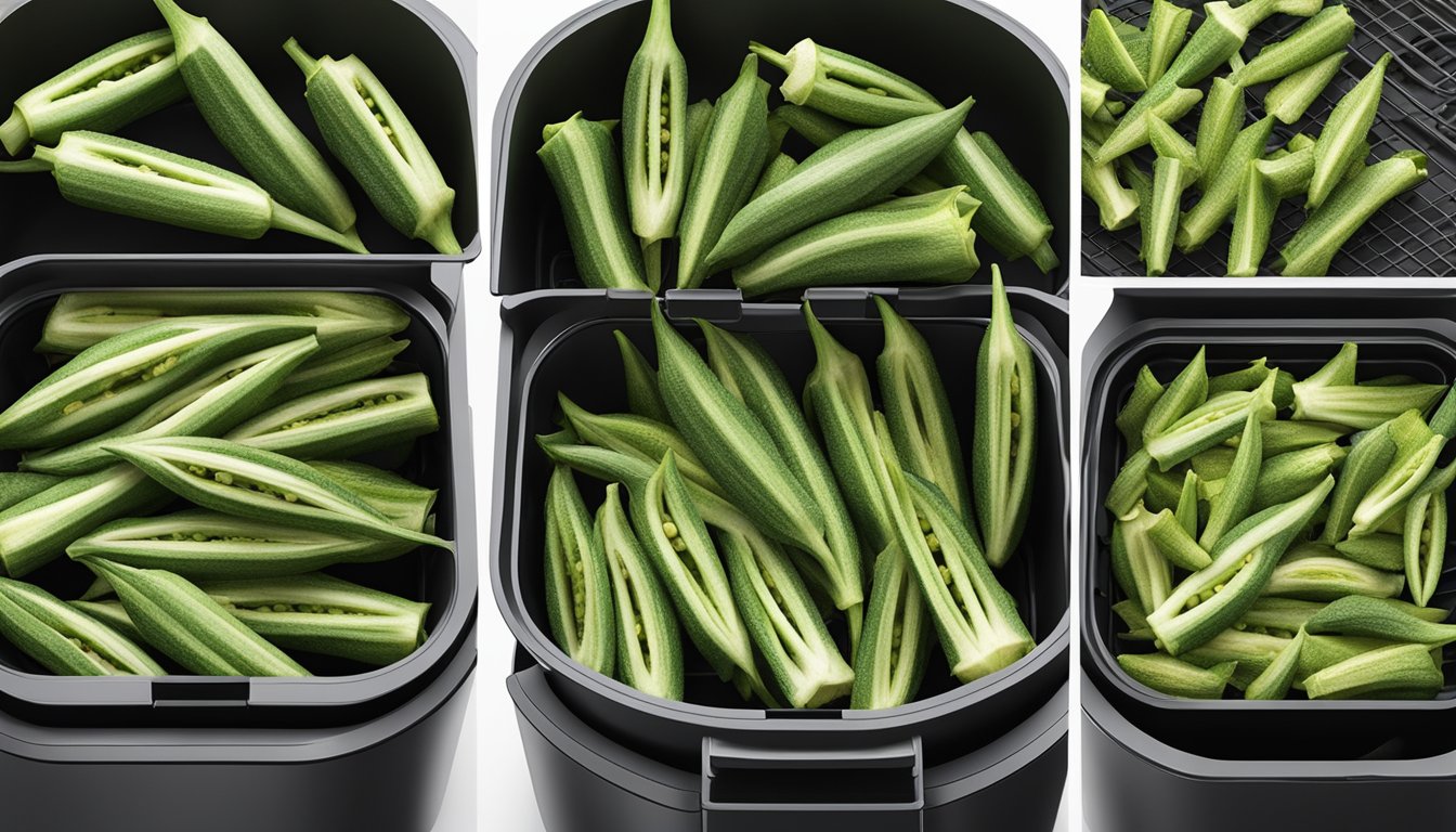 Fresh okra arranged in a single layer inside an air fryer basket, with the air fryer turned on and the okra being dehydrated