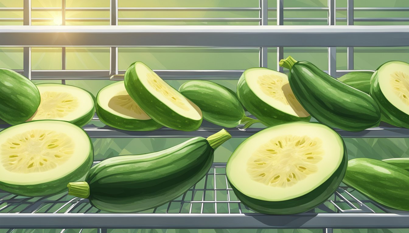 Fresh zucchini slices laid out on a wire rack under the sun, with a gentle breeze blowing through the open window