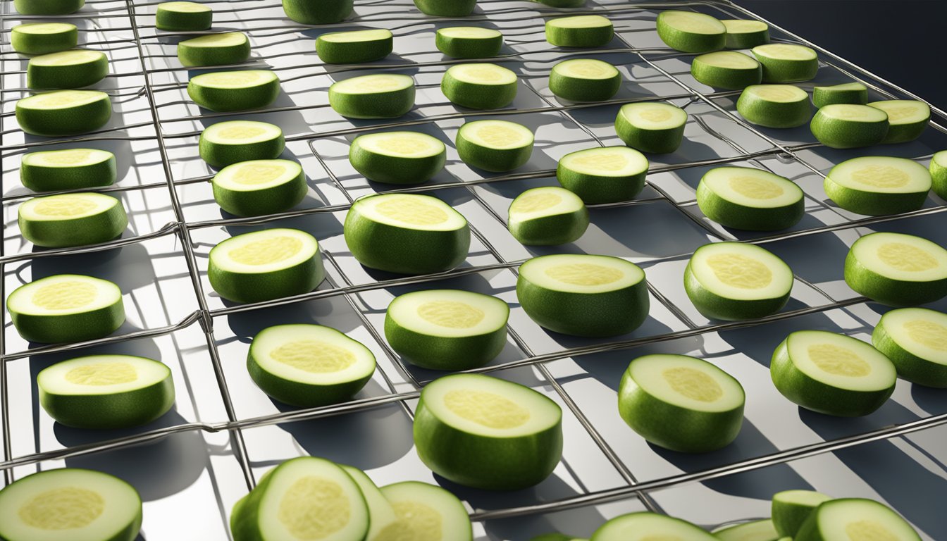 Fresh zucchini slices laid out on a wire rack in a warm, well-ventilated room. Sunlight streaming in through a nearby window