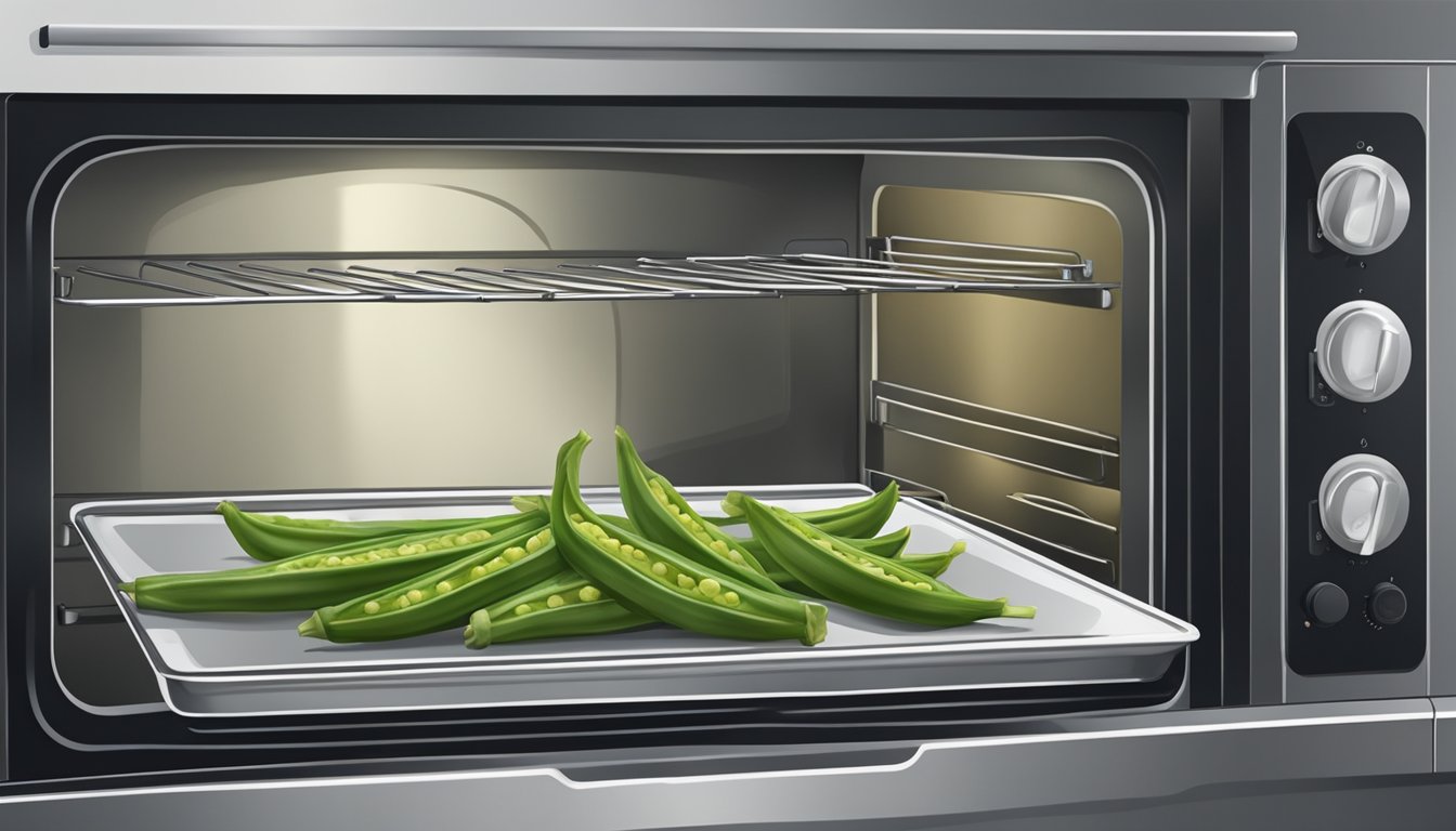 Fresh okra slices arranged on a baking sheet, placed inside a preheated oven. The oven door is closed, and heat radiates from the appliance