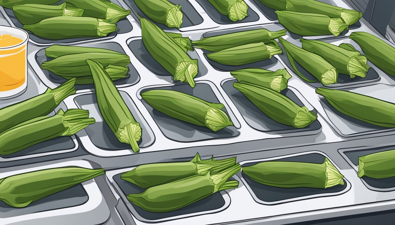 Fresh okra being sliced and arranged on air fryer trays. The air fryer is set to the appropriate temperature and time for dehydration