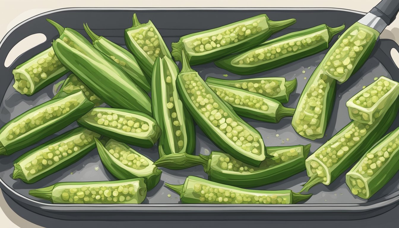 Fresh okra spread out on a baking sheet, sliced and ready for dehydration in the oven