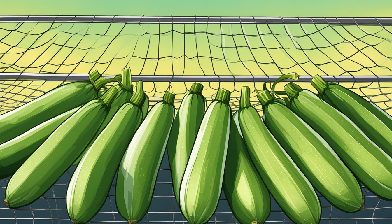 Fresh zucchini slices laid out on a wire rack under the sun, with a light breeze and clear sky in the background