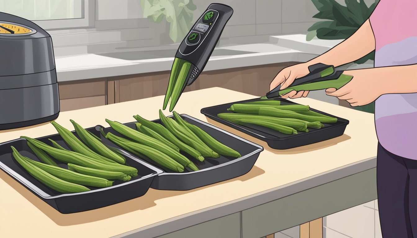 Fresh okra being sliced and arranged on air fryer trays, with a person setting the temperature and timer