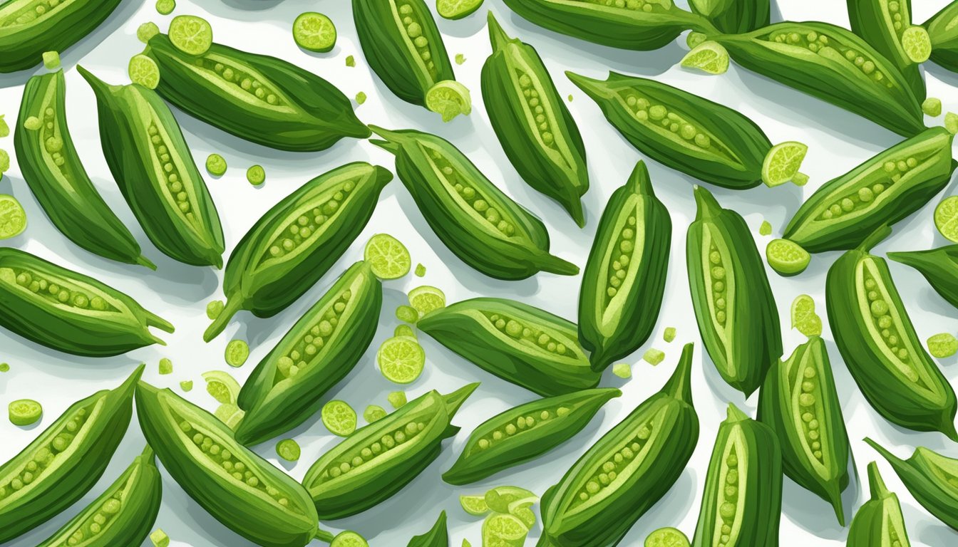 Fresh okra slices arranged on a baking sheet, sprinkled with seasoning, placed in a preheated oven