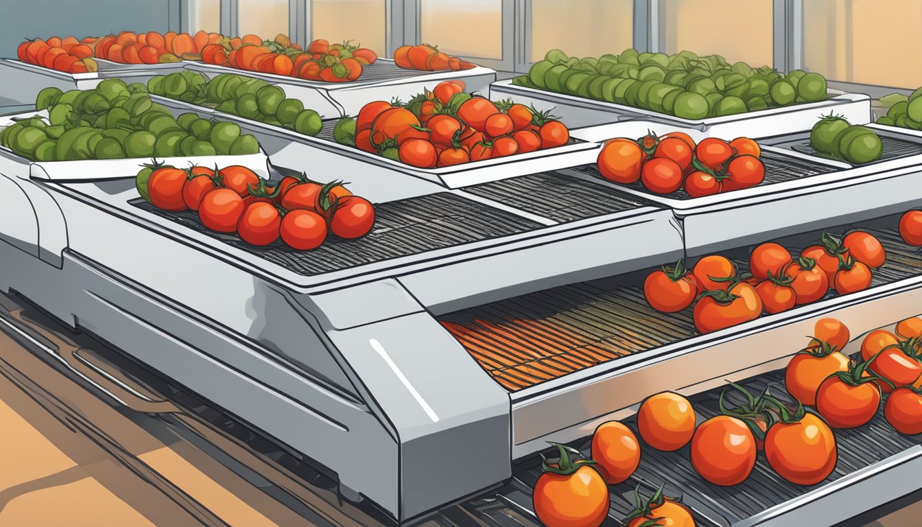 Cherry tomatoes being sliced and arranged on a dehydrator tray, with the dehydrator machine in the background