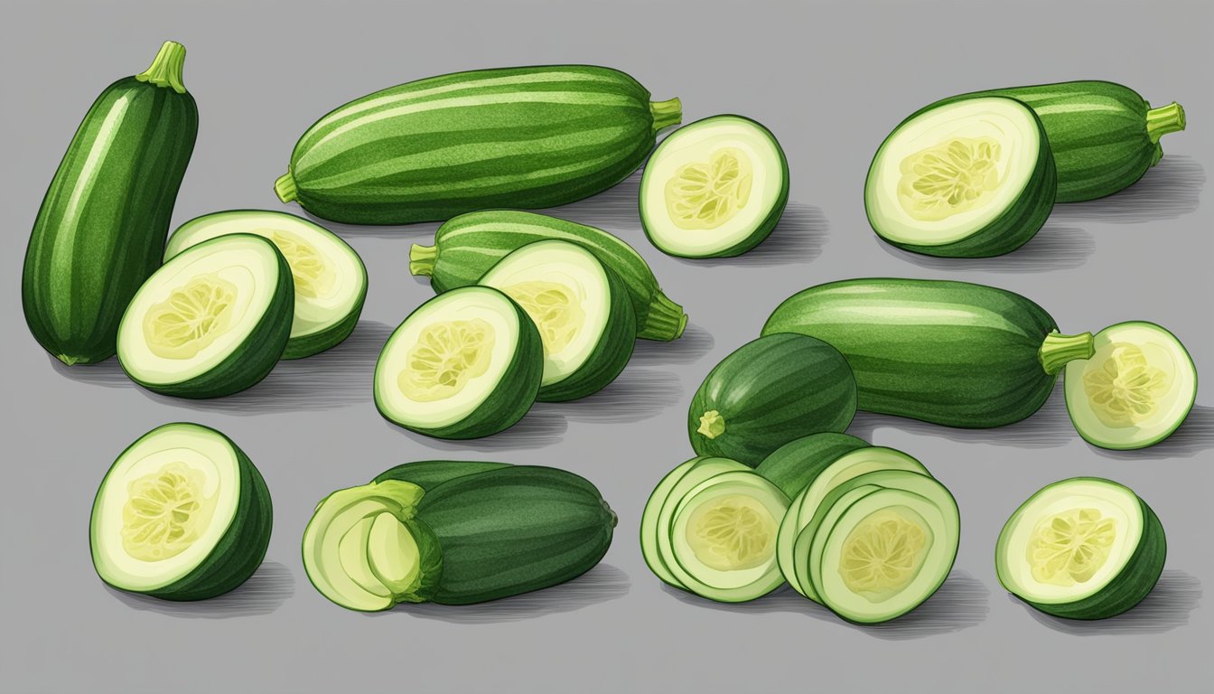 Fresh zucchini slices arranged on a baking sheet, placed in the oven, and then being removed and rehydrated in a bowl of water