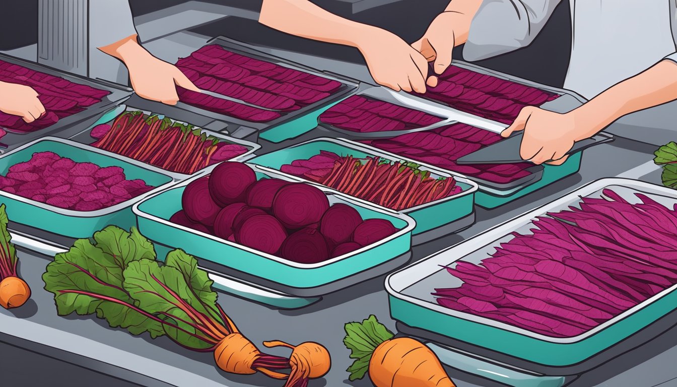 Fresh beets being thinly sliced and arranged on dehydrator trays, with the machine set to low heat for several hours