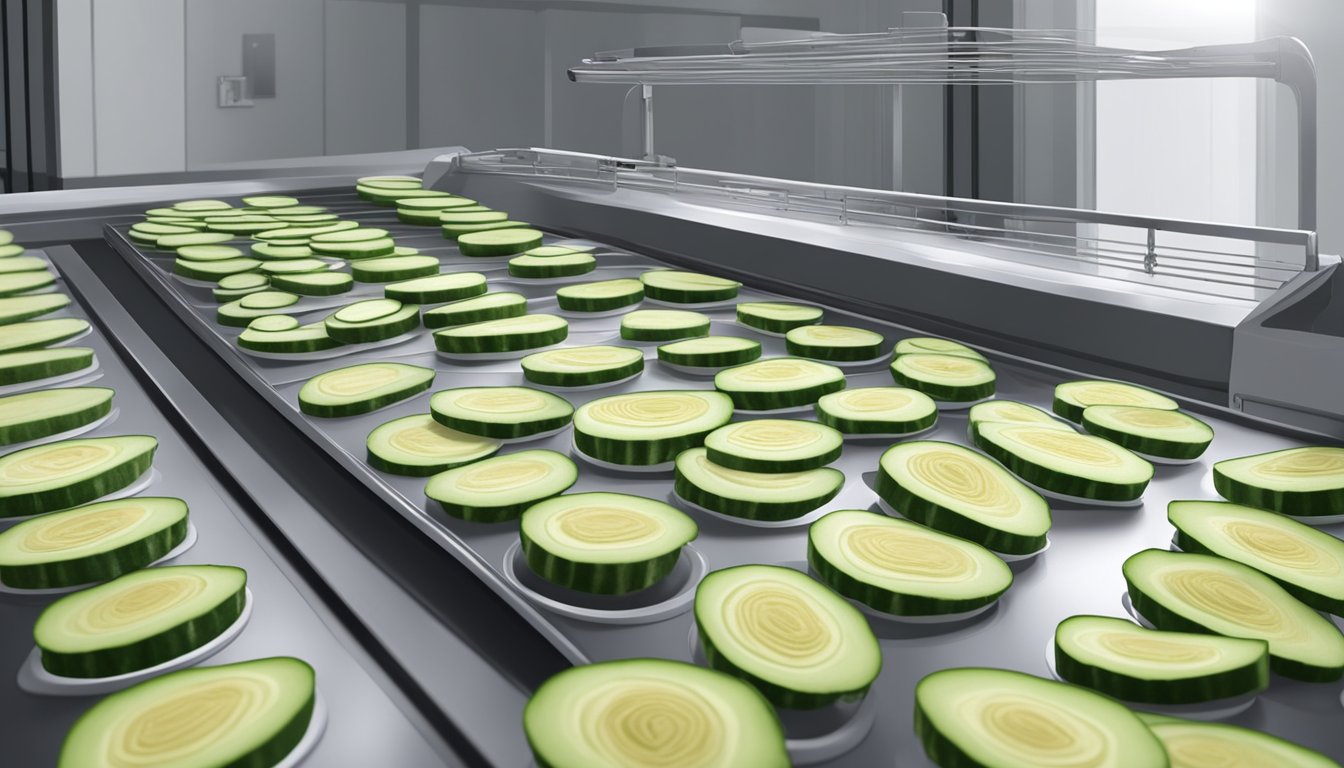 Fresh zucchinis sliced into thin rounds laid out on dehydrator trays, with the machine humming in the background