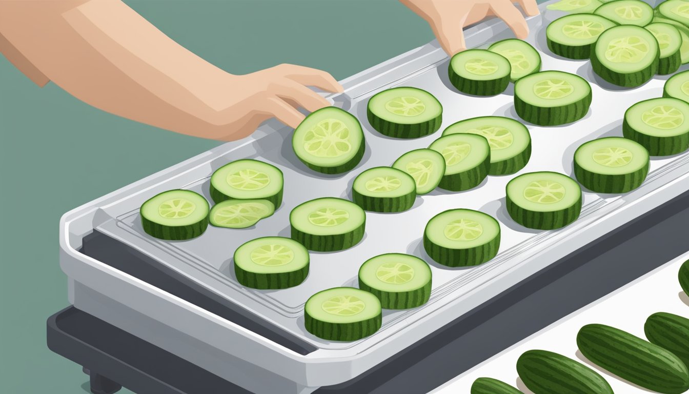 Fresh cucumbers being sliced into thin rounds and arranged on dehydrator trays