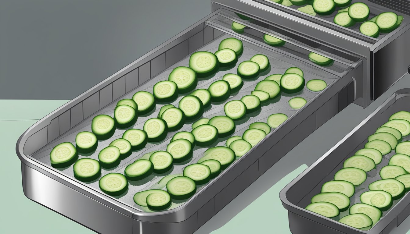 Cucumbers sliced into thin rounds laid out on dehydrator trays, with the machine set to low heat