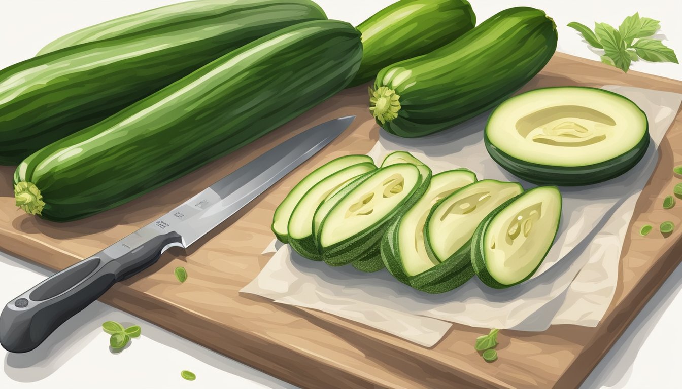 Fresh zucchini, cutting board, knife, dehydrator, seasoning, baking sheet, and parchment paper on a kitchen counter