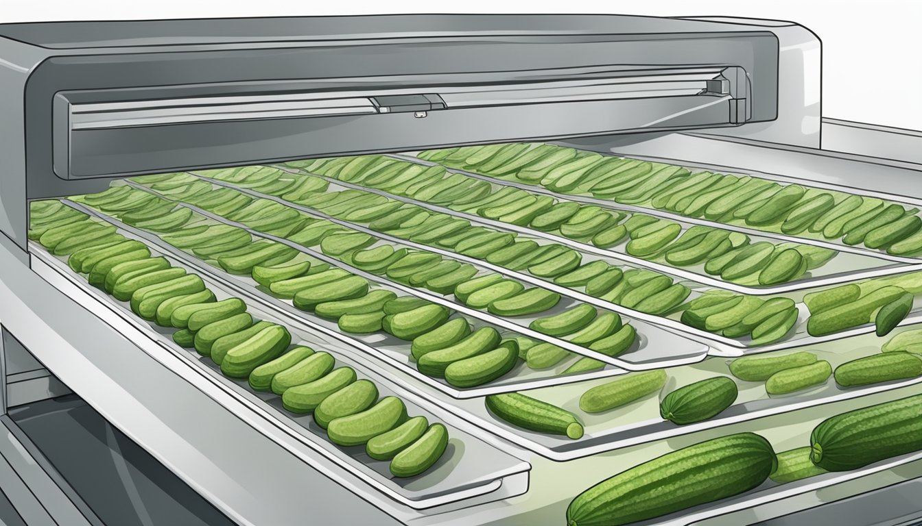 Cucumbers laid out on dehydrator trays, with the machine running and warm air circulating around them