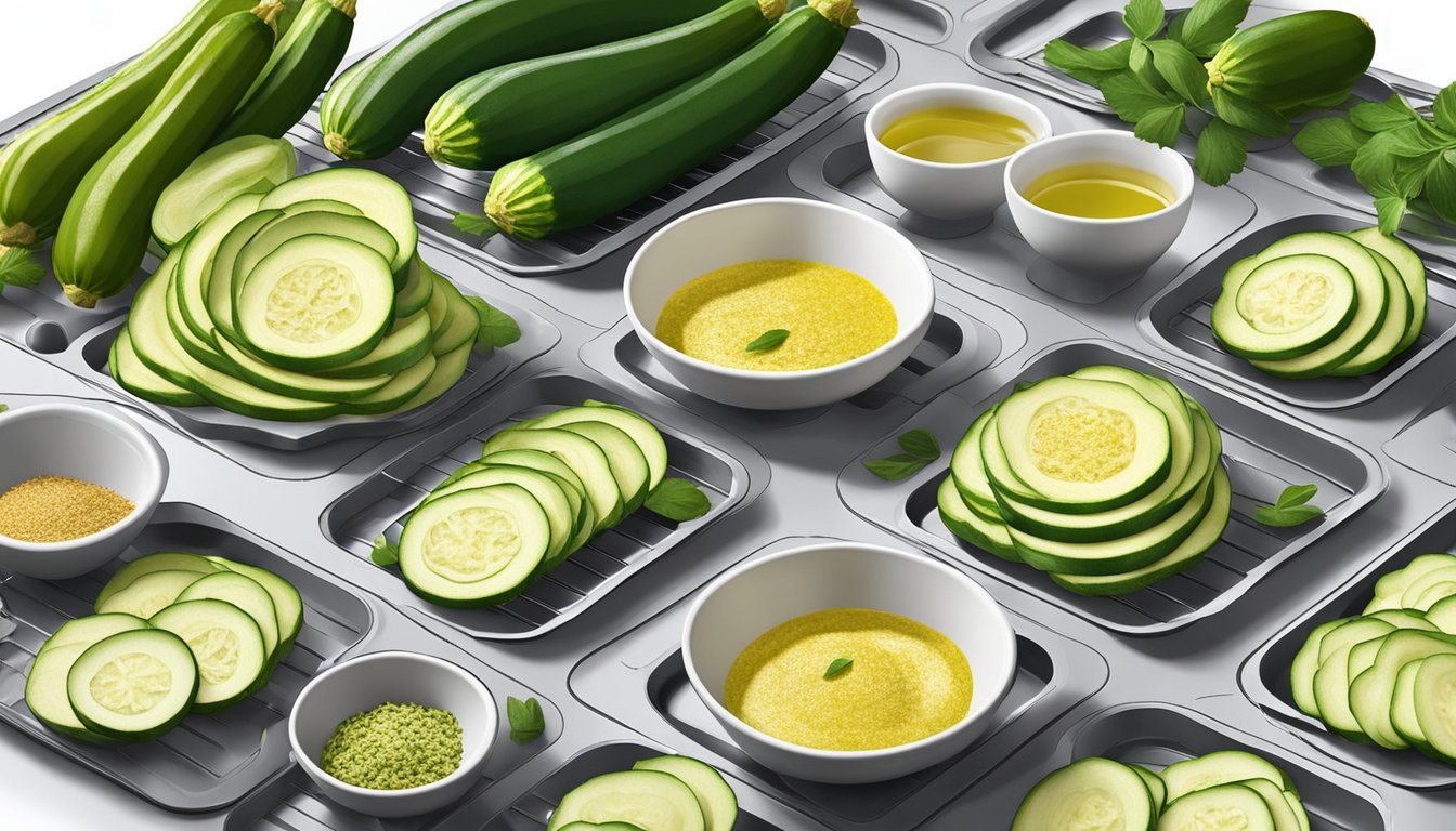 Fresh zucchini slices laid out on dehydrator trays, surrounded by bowls of seasoning and oil