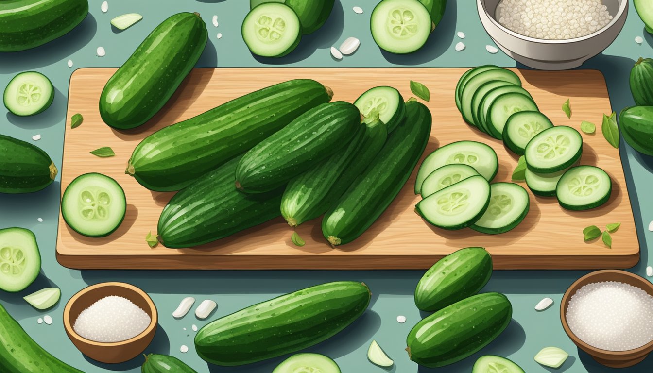 Fresh cucumbers arranged on a cutting board, surrounded by a knife, dehydrator, and small bowls of salt and other seasonings