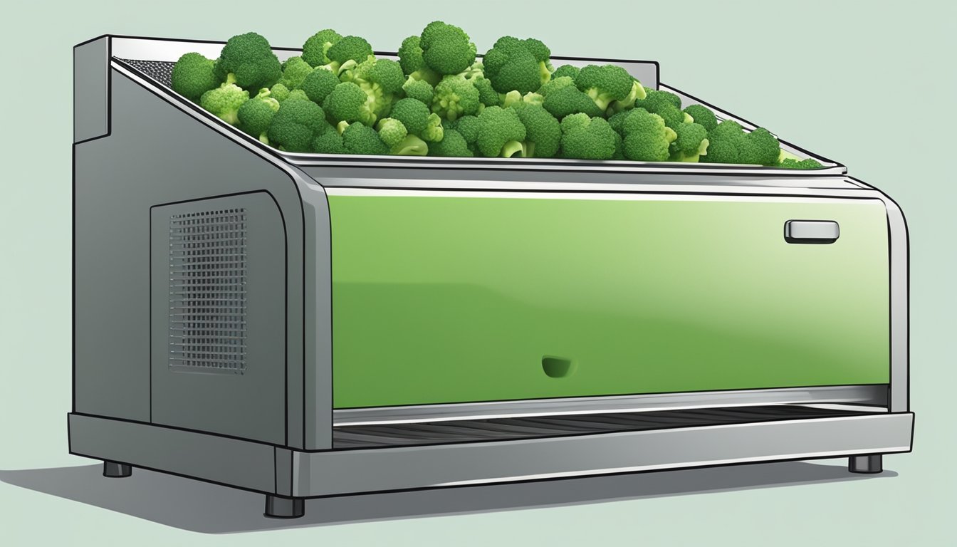 Fresh broccoli florets spread on a dehydrator tray, with the machine running and emitting warm air