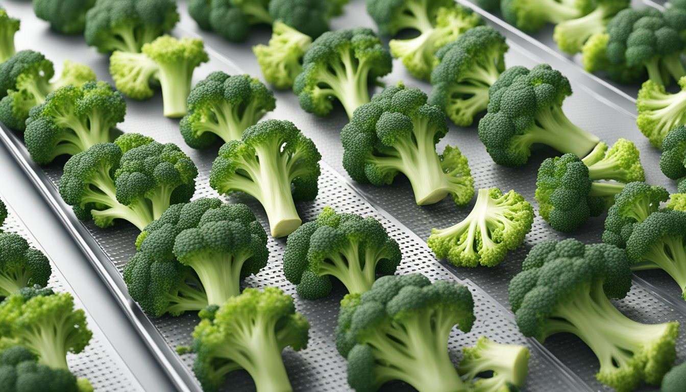 Fresh broccoli florets spread out on a mesh dehydrator tray under warm, circulating air