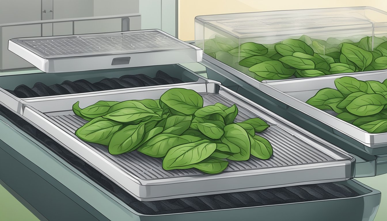 Fresh spinach leaves laid out on dehydrator trays. Temperature and time settings adjusted