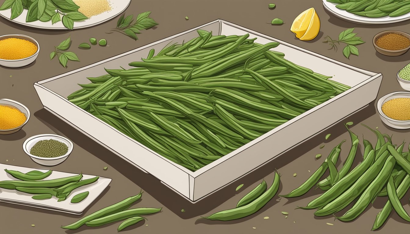 Fresh green beans laid out on a dehydrator tray, surrounded by various seasonings and herbs