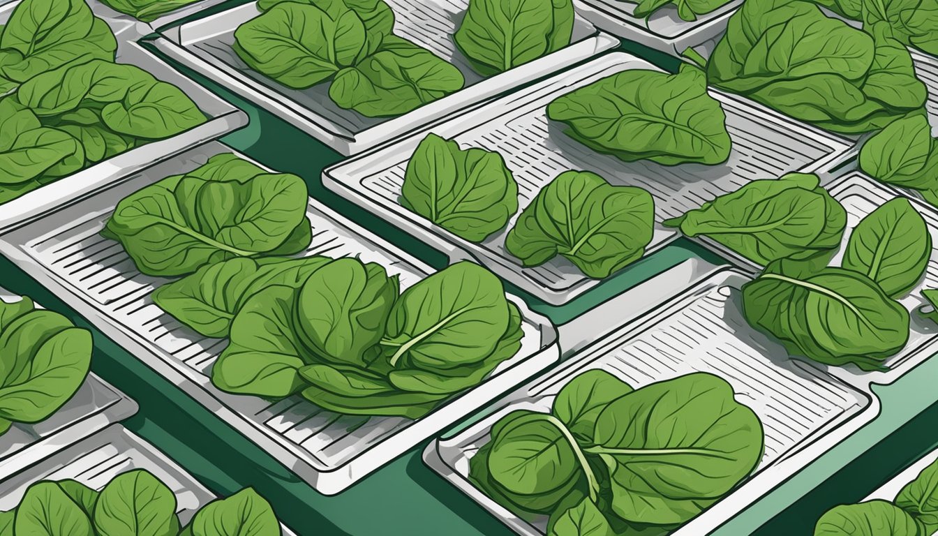 Fresh spinach leaves laid out on dehydrator trays, ready to be dried