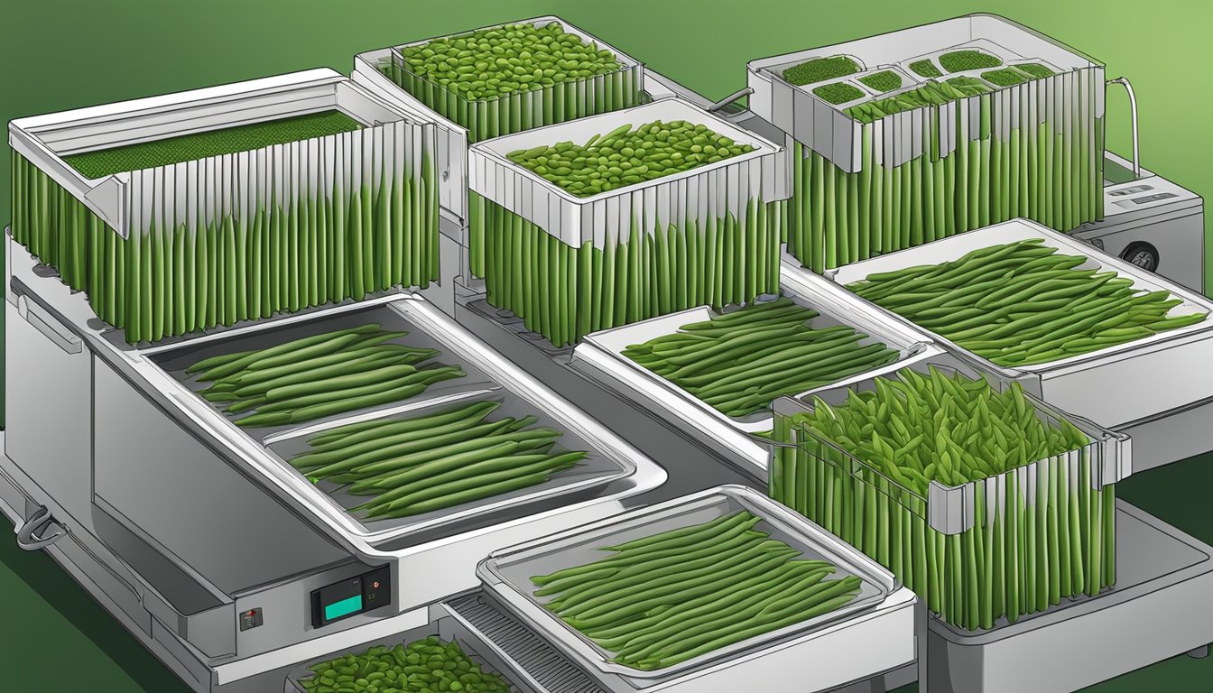 Fresh green beans arranged on dehydrator trays, with the machine set to the appropriate temperature and time for drying