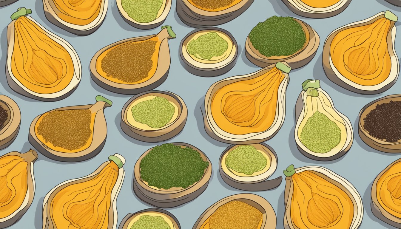 Slices of squash arranged on dehydrator trays, with various seasonings sprinkled on top