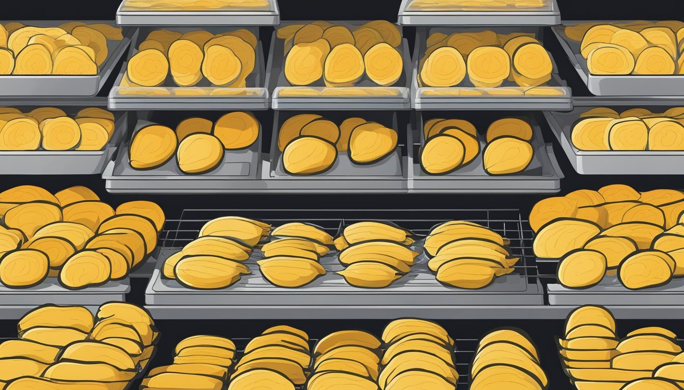 Slices of squash arranged on dehydrator trays, with machine set to low heat