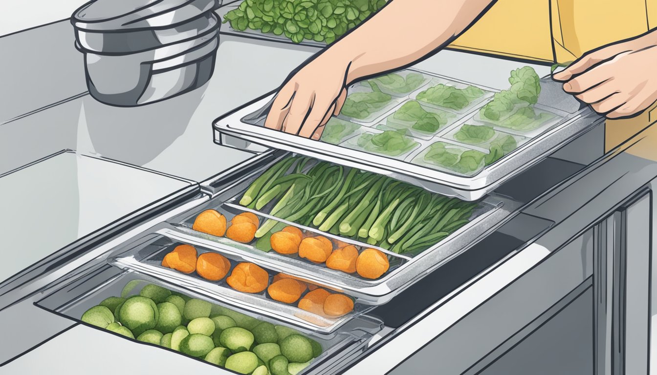 A person placing frozen vegetables on dehydrator trays