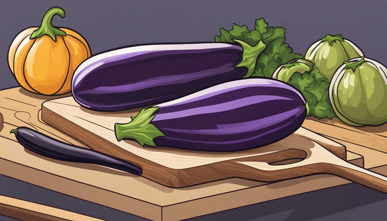 A whole eggplant being sliced into thin rounds on a cutting board, with a dehydrator in the background